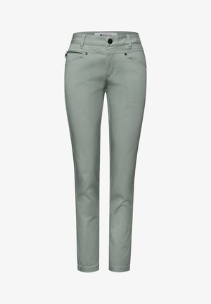 Slim-fit lichtgroene broek met knoop aan de voorkant, ritssluiting en meerdere voorzakken, ontworpen voor vrouwen.