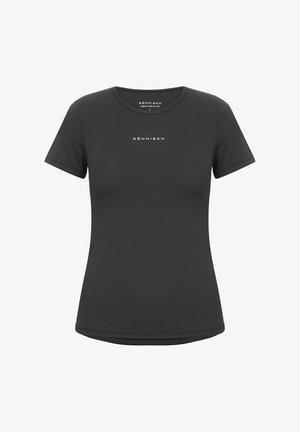 Sort kortærmet T-shirt lavet af struktureret stof, med rund hals og et lille hvidt logo i midten foran.
