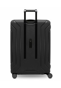 Schwarz, hartschalige Reisetasche mit einer strukturierten Außenseite, ausgestattet mit einem ausziehbaren Griff und vier Rollen für Mobilität. Minimalistisches Design, keine sichtbaren Beschläge.