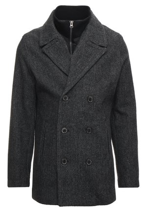 Manteau en laine gris foncé à double boutonnage avec larges revers, six boutons, poches latérales et une couche intérieure noire avec col zippé.