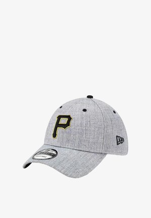Gray cap with a black and yellow embroidered "P" logo, curved brim, and textured fabric. Features black accents and a flat top button.