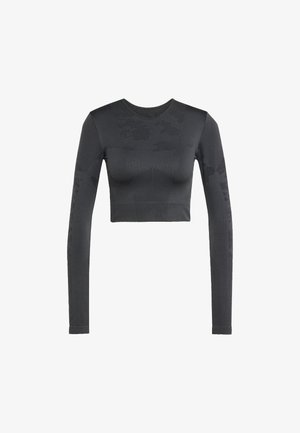 Top croppato a maniche lunghe in grigio scuro, con una finitura testurizzata e un motivo camouflage tonale. Presenta un colletto rotondo e una silhouette aderente.