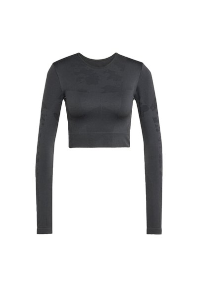 Langarm cropped top in donkergrijs, met een gestructureerde afwerking en een tonale camouflagepatroon. Heeft een ronde halslijn en een aansluitende silhouet.