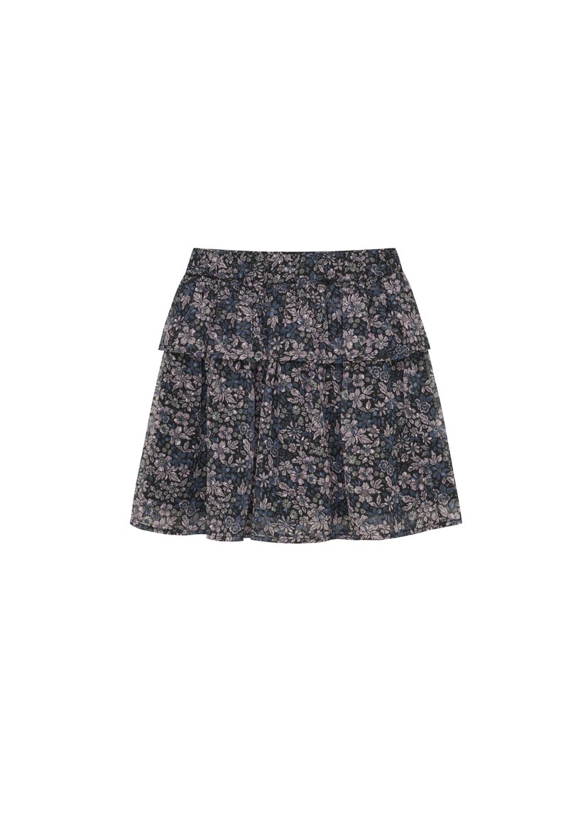 Blumige Stufenrock in Dunkelblau mit einem voluminösen Saum. Der Stoff zeigt aufwendige rosa und blaue Blumenmuster. Elastischer Bund.