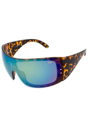 Gafas de sol con un gran diseño envolvente, brazos con patrón de carey y lentes en degradado de azul a verde. Material plástico suave.