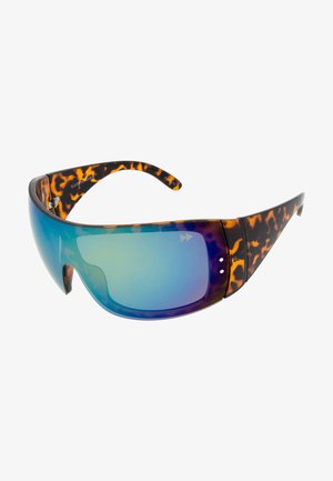 Gafas de sol con un gran diseño envolvente, brazos con patrón de carey y lentes en degradado de azul a verde. Material plástico suave.