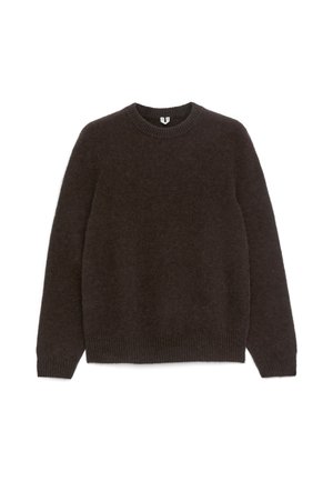 Brauner Strickpullover mit Rundhalsausschnitt, langen Ärmeln und geripptem Saum. Weiche Textur und leicht lässige Passform. Keine sichtbaren Logos oder Muster.