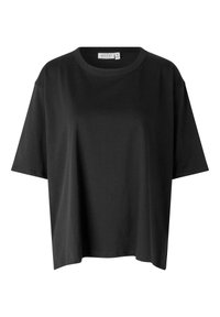 Zwarte katoenen T-shirt met een ronde hals, korte mouwen en een losse pasvorm. Glad textuur en geen zichtbare patronen of accenten.