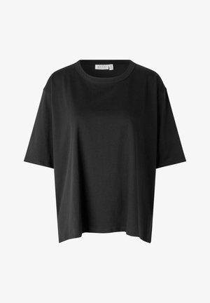 Sort bomulds t-shirt med rund halsudskæring, korte ærmer og løs pasform. Glat tekstur uden synlige mønstre eller accenter.