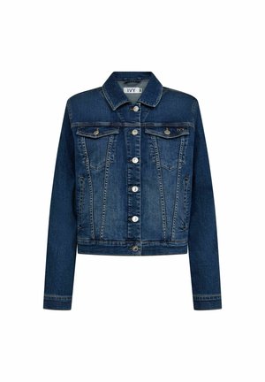 Veste en denim bleu foncé au design ajusté, col classique, deux poches poitrine et boutons en acier inoxydable. Présente des coutures contrastées.