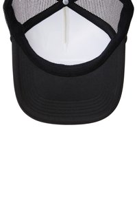 Black trucker cap with a solid front and mesh back. Features a curved bill and adjustable snapback closure. Interior is lined in white.