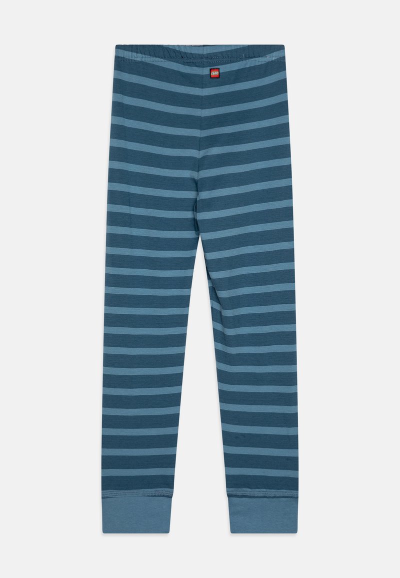 Blaue gestreifte Leggings mit einer weichen Textur, die horizontale dunkelblaue und hellblaue Streifen sowie einen elastischen Taillenbund aufweisen.