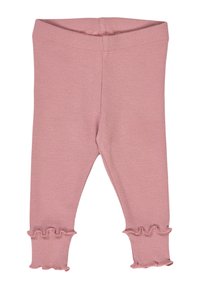 Pink ribbed leggings with a elastic waistband and ruffle accents at the hems. The fabric appears soft, offering a comfortable fit.