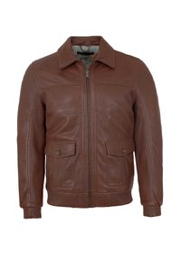 Braune Lederjacke mit Frontreißverschluss, zwei geknöpften Klappentaschen, gerippten Bündchen und Saum sowie klassischem Kragen.
