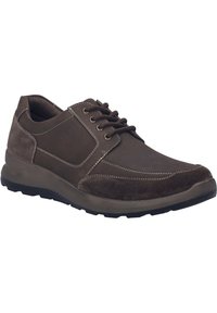 Scarpe marroni stringate con pannelli in suede e pelle, caratterizzate da cuciture a contrasto, un colletto imbottito e una suola in gomma per una migliore aderenza.