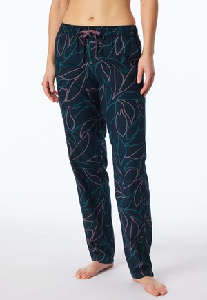 Marineblaue Hose mit Blattmuster in Teal und Mauve, ausgestattet mit einem Kordelzugbund und entspannter Passform, hergestellt aus weichem, leichtem Stoff.
