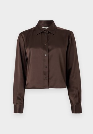 Brown satin long-sleeve shirt with a pointed collar and front button closure. Cropped design and smooth texture.