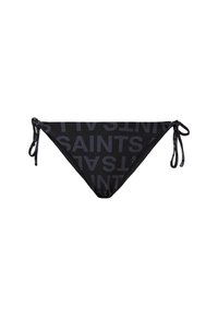 Czarne bikini z gładką teksturą i wiązaniami po bokach. Prezentuje wyraźny, powtarzający się wzór "SAINTS" w ciemniejszym odcieniu.