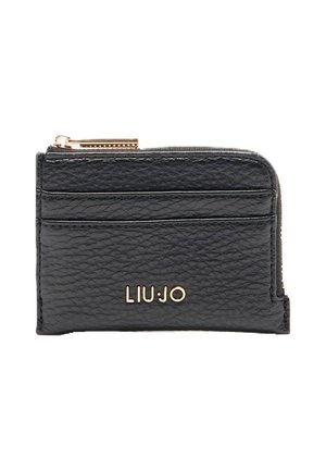 Čierny textúrovaný kožený držiak na karty so zlatým zipsom a logom "LIU JO", obsahujúci dve predné priehradky na karty.