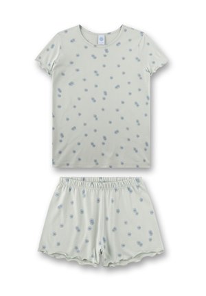 Hellgrünes kurzärmeliges Oberteil und passende Shorts mit blauen Blumendrucken und gewellten Kanten an den Shorts.