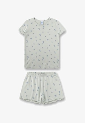 Light green short-sleeve top and matching shorts with blue floral dots and scalloped edges on shorts.