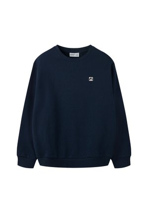 Sweat-shirt bleu marine à manches longues avec poignets et ourlet côtelés, col rond et petit logo blanc sur la partie supérieure gauche de la poitrine.