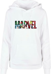 Hvit hettegenser med en iøynefallende "MARVEL" logo fylt med fargerike illustrasjoner av tegneseriefigurer. Inkluderer lomme foran.
