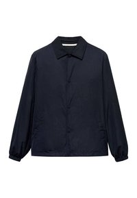 Veste bleu marine en tissu léger, avec un col, une fermeture boutonnée sur le devant, des poignets élastiqués et des poches latérales.