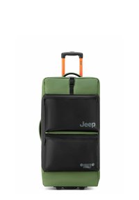 Valigia morbida verde con parte frontale nera, doppie tasche con zip, manico retrattile arancione e logo Jeep. Texture liscia e ruote da viaggio.