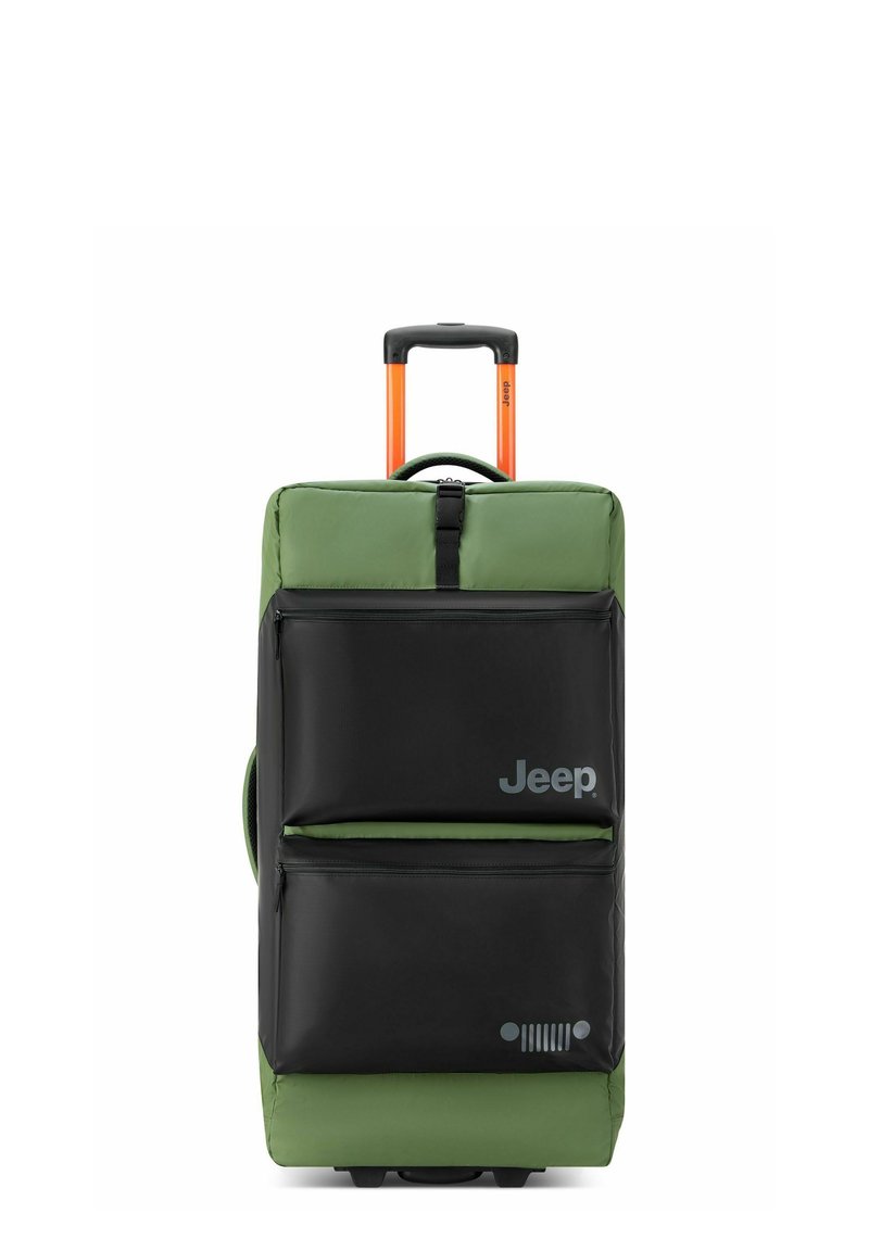 Valigia morbida verde con parte frontale nera, doppie tasche con zip, manico retrattile arancione e logo Jeep. Texture liscia e ruote da viaggio.
