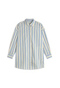 Chemise à manches longues avec boutons, rayée verticalement en bleu, blanc et beige, avec un col classique et des poignets.