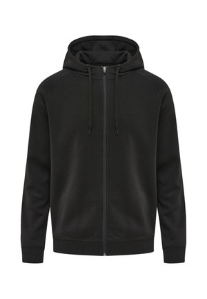 Sort hættejakke med fuld lynlås, snøre, lange ærmer og ribkanter ved ærmer og bund, vist på en hvid baggrund.