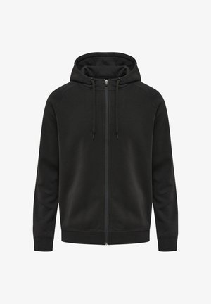 Sort hættejakke med fuld lynlås, snøre, lange ærmer og ribkanter ved ærmer og bund, vist på en hvid baggrund.