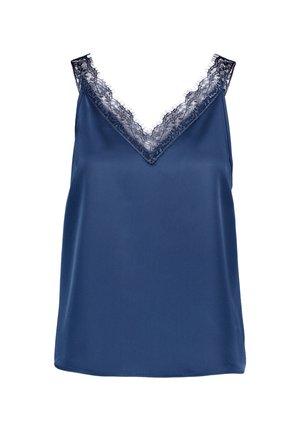 Tengerészkék, ujjatlan szatén kombiné V-nyakkivágással és finom fekete csipkebetéttel a nyakkivágásnál és a pántokon.