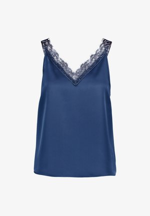 Tengerészkék, ujjatlan szatén kombiné V-nyakkivágással és finom fekete csipkebetéttel a nyakkivágásnál és a pántokon.