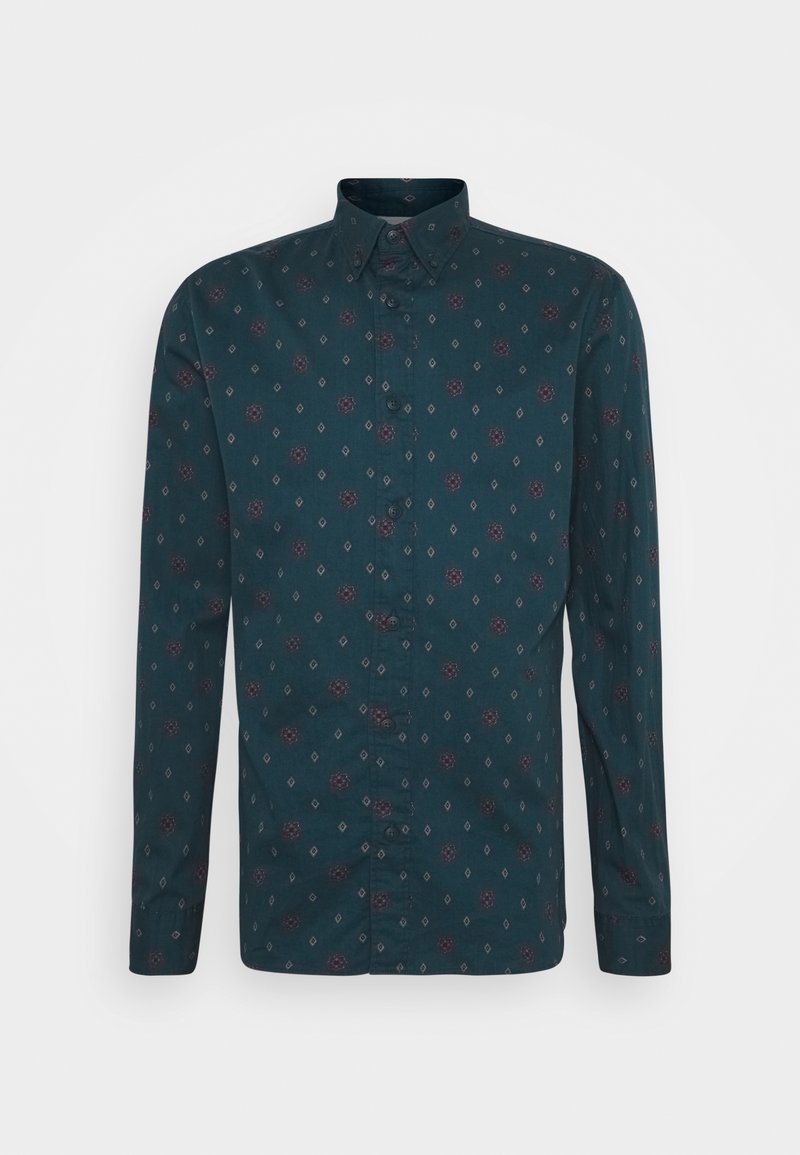 Långärmad skjorta i mörk teal-tyg med ett blommigt och diamantmönster i vinröd och vit, med krage och knäppning framtill.