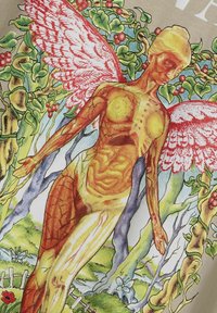 Ilustración de una figura humanoide con piel transparente que revela la anatomía interna, adornada con alas rojas, rodeada de vegetación y flores.