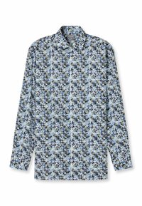 Langarmhemd mit einem blauen Blumenmuster auf hellem Hintergrund, aus Baumwolle mit Button-Down-Kragen und normaler Passform.