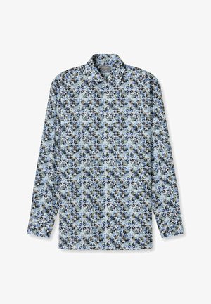 Langarmhemd mit einem blauen Blumenmuster auf hellem Hintergrund, aus Baumwolle mit Button-Down-Kragen und normaler Passform.