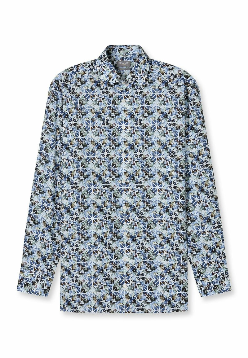 Langarmhemd mit einem blauen Blumenmuster auf hellem Hintergrund, aus Baumwolle mit Button-Down-Kragen und normaler Passform.