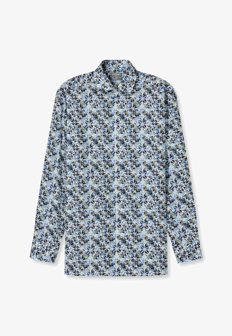 Langarmhemd mit einem blauen Blumenmuster auf hellem Hintergrund, aus Baumwolle mit Button-Down-Kragen und normaler Passform.