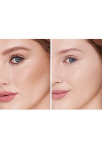 Two close-up profiles of a face, one with a bronzed contour and the other with a natural finish, showcasing skin texture and color contrast.