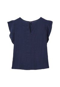 Top blu navy con maniche a farfalla corte, scollo rotondo, texture a righe verticali e chiusura a chiave sulla schiena.