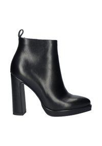 Botín de cuero negro hasta el tobillo con tacón alto y bloque, punta redonda y una ligera plataforma. Textura suave, diseño minimalista y tirador en la parte trasera.