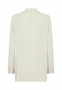 Leichte Leinenbluse mit langen Ärmeln in Off-White mit vertikalen marineblauen Streifen, ausgestattet mit einem klassischen Kragen und geradem Saum.