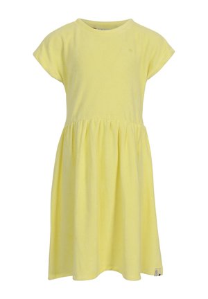 Gele jurk met korte mouwen, ronde hals en geplooide taille, gemaakt van zachte stof, geschikt voor casual gebruik.