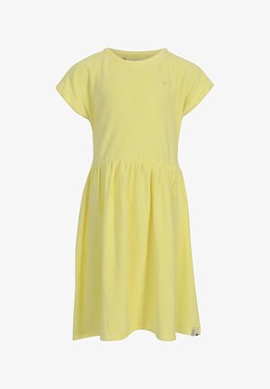 Gele jurk met korte mouwen, ronde hals en geplooide taille, gemaakt van zachte stof, geschikt voor casual gebruik.