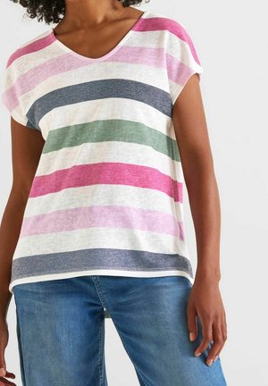 Gestreiftes T-Shirt mit kurzen Ärmeln und V-Ausschnitt. Verfügt über rosa, weiße, grüne und marineblaue Streifen auf einem leichten Stoff. Lockerer Schnitt.