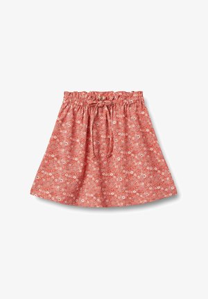 Fustă cu model floral din material portocalie, dotată cu talie elastică și șnur. Formă A, material ușor, design până la genunchi.