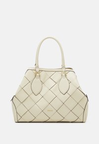 Cream leather handbag with a woven design, featuring two leaf-shaped accents and gold hardware. Double handles for easy carrying.